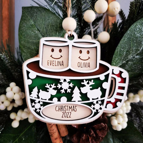 Personalized Christmas Ornament Hot Chocolate Marshmallows Mug Merry Christmas Kids names Family Ornament 2022 Personalised HT