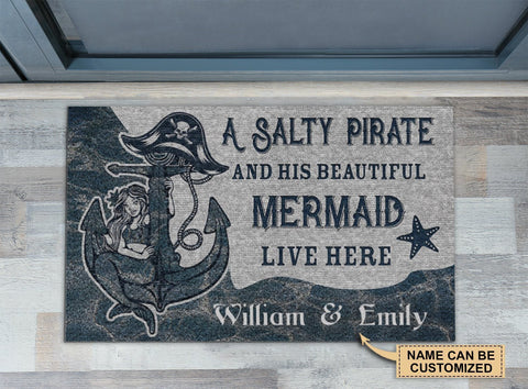 Personalized Mermaid Salty Pirate Live Here Customized Doormat