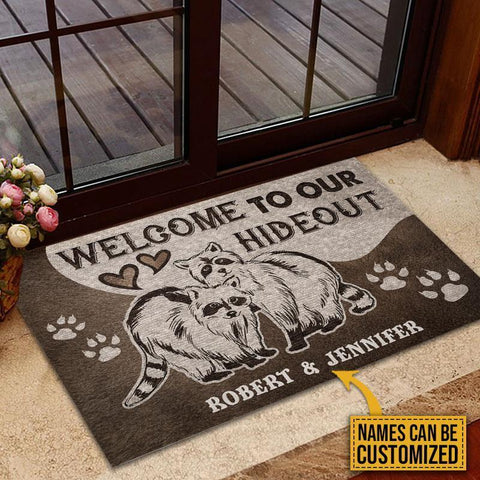 Personalized Raccoon Couple Hideout Customized Doormat