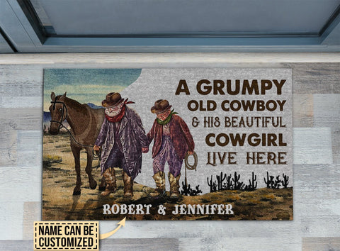 Personalized Cowboy And Cowgirl Live Here Customized Doormat