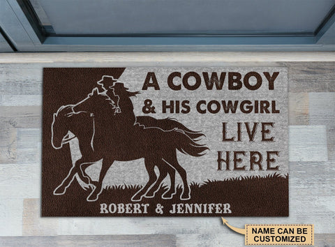 Personalized Cowboy And Cowgirl Live Here Doormat