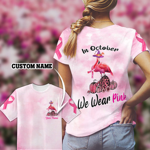 Flamingo Halloween In october we wear pink T-shirt Breast Cancer Pumpkin Halloween Gift T-shirt Custom TTM