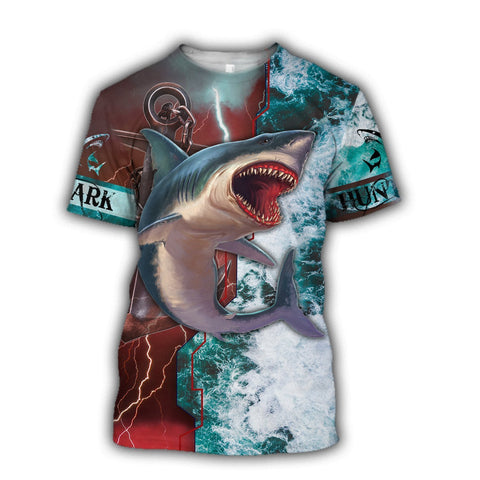 Men Fishing Shirt Shark hunting fishing anchor in deep sea 3d all over printing for fisherman angry ver