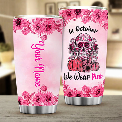 Breast Cancer Sugar Skull Halloween Pumpkin Tumbler Custom TTM, Breast Cancer Cup, Breast Cancer Bottle, Halloween Tumbler