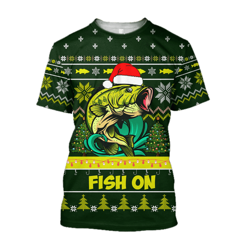 Men Shirt Bass Fishing Fish on Christmas Hat 3D Shirts