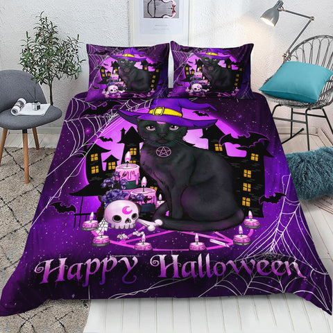 Wicca Black Cat Witch Halloween Bedding Set Bedspread Duvet Cover Set Home Decor ND