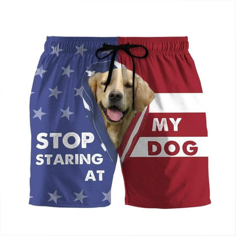 GEARHUMAN 3D STOP STARING AT MY DOG GOLDEN RETRIEVER CUSTOM BEACH SHORTS SWIM TRUNKS