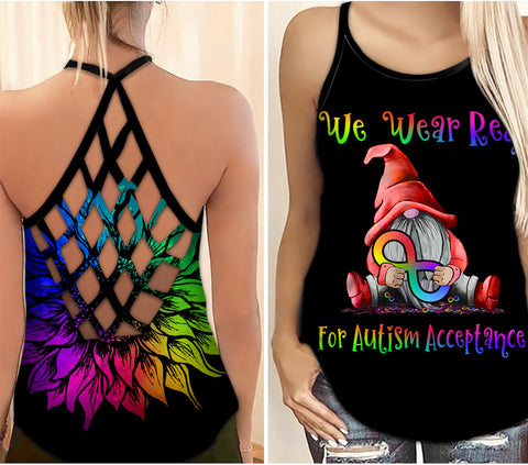 We Wear Red For Autism Awareness Criss Cross Tank Top Gnome Autism Awareness Shirts Autism Awareness Gift HT