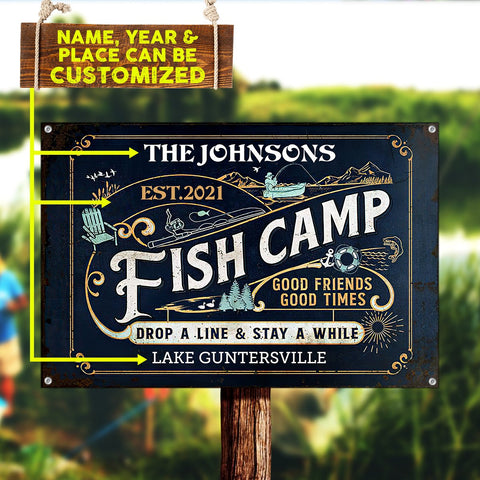 Personalized Fish Camp Drop A Line Customized Classic Metal Signs