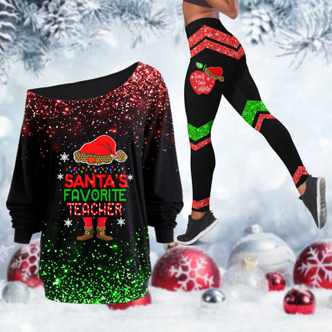 Santa’s Favorite Teacher Off Shoulder Shirt & Leggings Set TTM