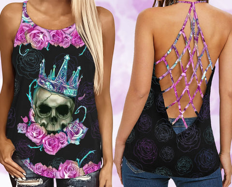 Purple & Teal Skull Roses Criss-cross Tank top TTM