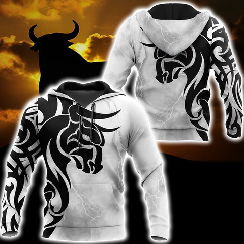 Men Tattoo Hoodie White Black Premium Tribal Tattoo Bulls 3D Printed Unisex Shirts