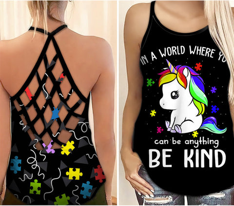 Be Kind Unicorn Autism Awareness Criss Cross Tank Top Autism Awareness Shirts Autism Awareness Gift HT