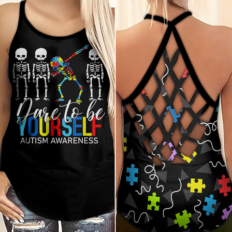 Dare To Be Yourself Autism Awareness Criss Cross Tank Top Skeleton Autism Awareness Shirts Autism Awareness Gift HT