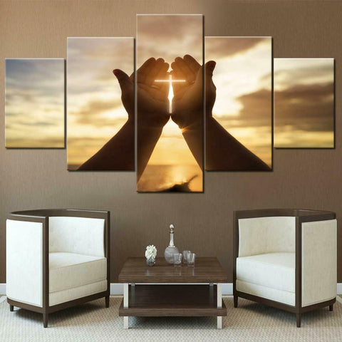 Cross Jesus Hand Prayer 5 Pieces Canvas Wall Art Print Picture Home Decor Living Room Decor Ideas