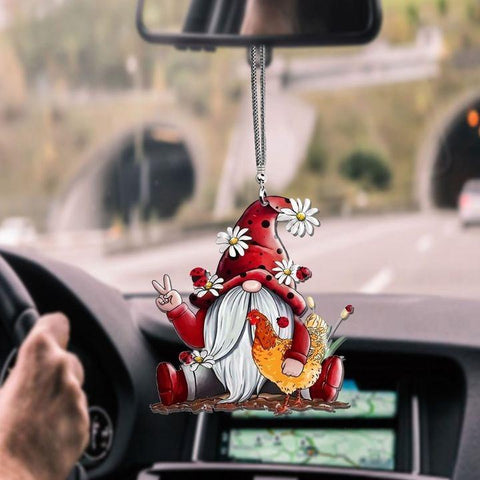 GNOME HAPPY WITH ROOSTER CAR HANGING ORNAMENT