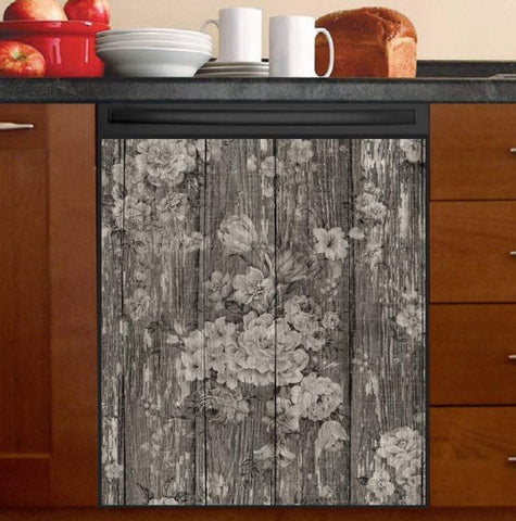 Kitchen Dishwasher Cover - Flowers on Dark Wood