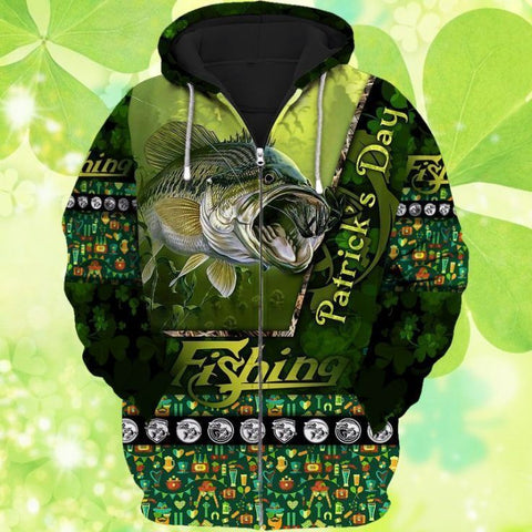 Men Fishing Hoodie Bass Fishing Sport St Patrick's Day Clothes HT