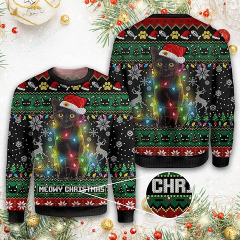 Meowy Christmas Cat Light Santa Hat Ugly Sweater Christmas Sweater Christmas Gifts For Cat Lovers