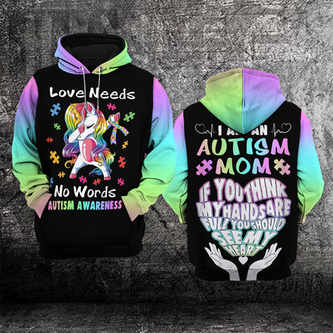 Love Needs No Words Unicorn Hoodie Autism Mom Hoodie Autism Awareness Hoodie Gift For Mom HT