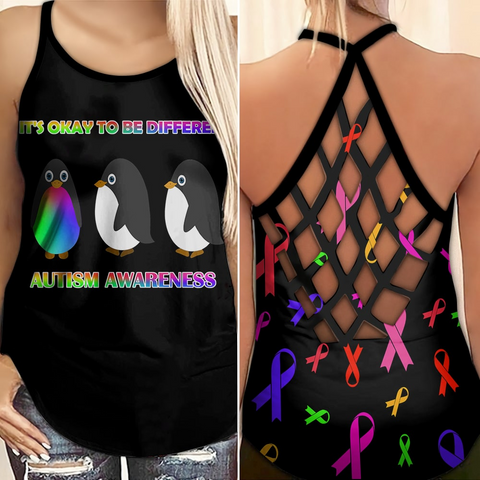 It's Okay To Be Different Autism Awareness Criss Cross Tank Top Penguin Autism Awareness Shirts Autism Awareness Gift HT