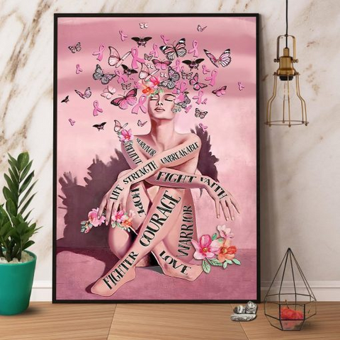 Butterfly Girl Hope Love Warrior Fight Faith Strength Breast Cancer HN Poster