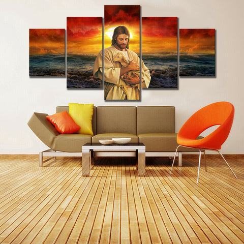 Jesus Holding Little Lamb 5 Pieces Canvas Wall Art Print Picture Home Decor Living Room Decor Ideas