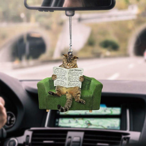 CAT READING NEWS CAR HANGING ORNAMENT