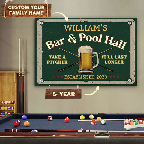 Personalized Billiard Bar And Pool Hall Metal Sign