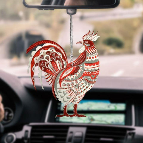 ROOSTER WOOD PRINT CAR HANGING ORNAMENT