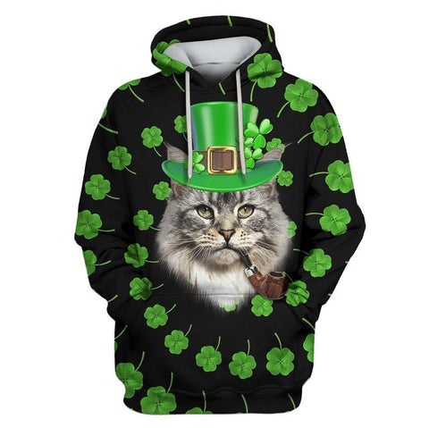 Maine Coon Cat Hat Shamrock Hoodie St Patrick's Day Clothes Gift For Cat Lovers HT