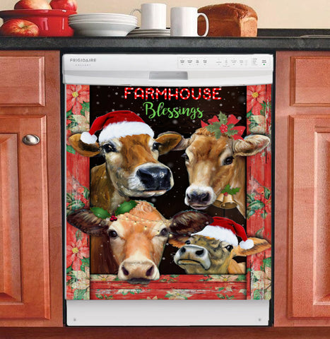 Farmhouse Blessings Four Cows Christmas Dishwasher Cover Christmas Farmhouse Decor Christmas Gift for Cow Lovers HT