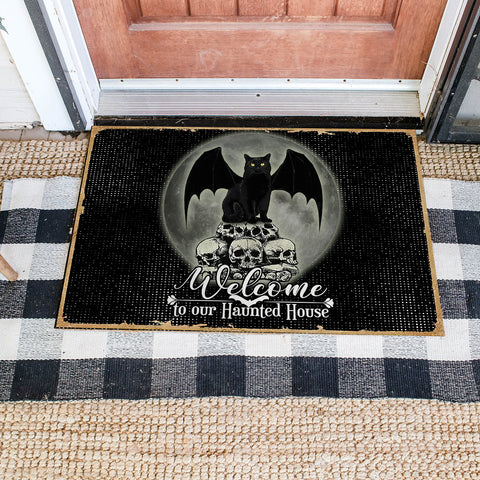 Black Cat Welcome to our haunted house Doormat Home Decor Halloween Gift Housewarming Gift HN