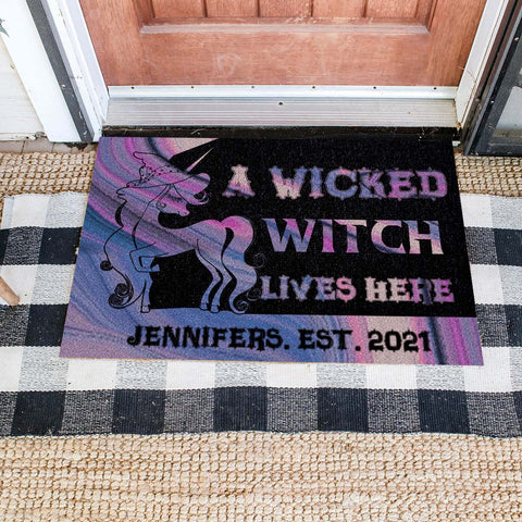 A Wicked Witch Lives Here Custom Doormat Cool Welcome Mat Unicorn Gifts Halloween Gift Home Decor HN