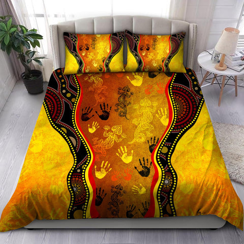 Oceania Bedding Set Aboriginal Bedding Set, Australia Rock Painting Hand Lizard Art Golden Style Bedding Set