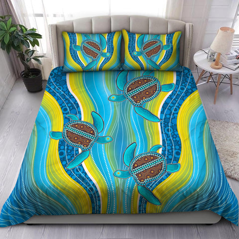 Aboriginal Bedding Set, Australia Indigenous Blue Turtles Painting Art Bedding Set