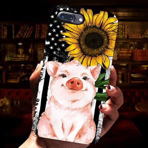 Pig Sunflower Phone Case American Flag background Cute Phone Case Pig Gifts