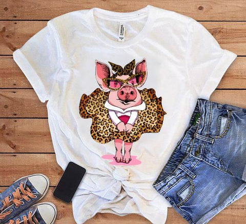 Pig Wearing Dress Leopard Pattern T-shirt Cute Shirt Gifts for Pig Lovers