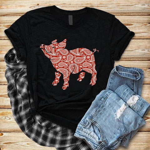 Red Paisley Bandana Pattern T-shirt Pig Shirt Gifts for Pig Lovers