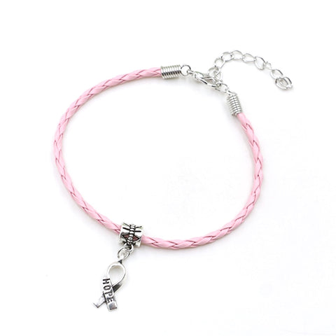 Set 50pcs Hope Breast Cancer Awareness Ribbon Charm Pendant Leather Rope Charm Bracelet Fit for European Bracelet Handmade Craft DIY