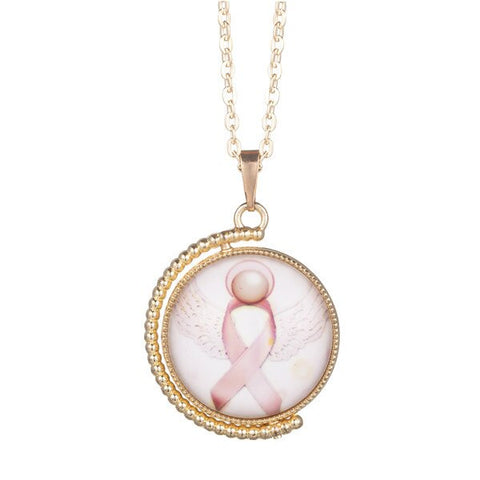 Angel Pink Breast Cancer Awareness Ribbon Swirl Heart Pendant Necklace Double Side Rotatable Pendant Jewelry for Girls