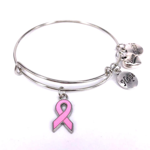 Care For Breast Cancer Pink Ribbon Bangles, Hope Love Faith Charm adjustable bracelets