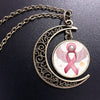 Pink Ribbon Breast Cancer Awareness Necklace Printed Photo Pendant Glass Cabochon Crescent Moon Necklaces 20mm Round Jewelry
