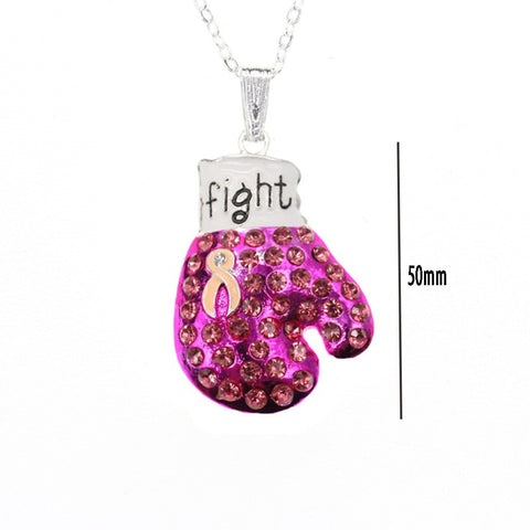 Set 100 pcs Pink Ribbon Breast Cancer Awareness Boxing Glove Rhinestone Charm Pendant Necklace for Girls and Ladies