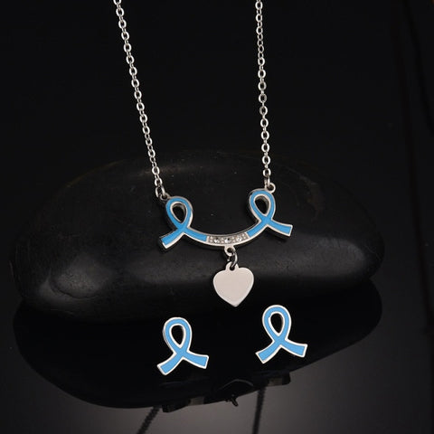 Breast Cancer Awareness Ribbon Necklace Earrings Set