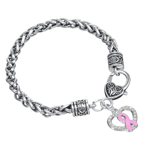 Breast Cancer Awareness Pink Enamel Ribbon Heart Shape Charm Lobster Clasp Bracelet for Women
