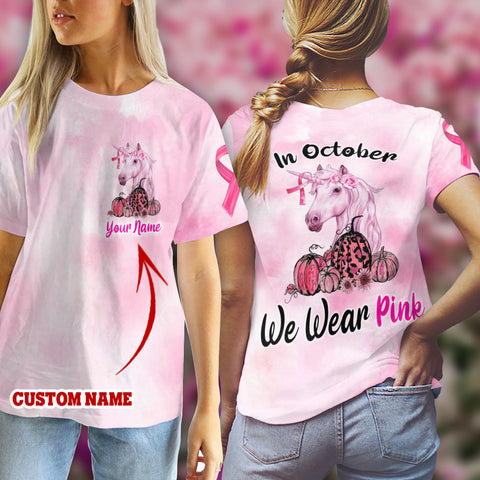 Unicorn Breast Cancer In October We wear pink T-shirt 3D Custom TTM