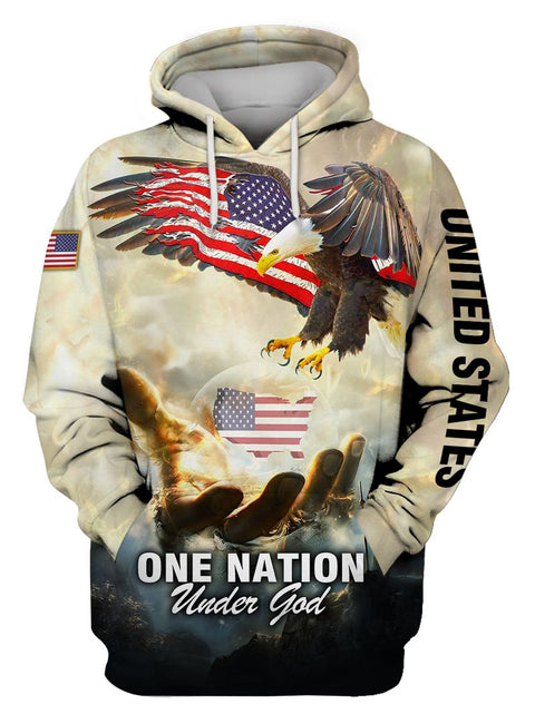 ONE NATION UNDER GOD Hoodie 3D Jesus American flag gift idea for Veteran