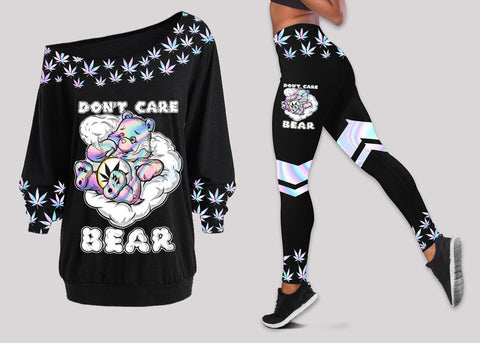 Don't Care Bear Off Shoulder Long Sleeve Shirts & Leggings Set Weed Cannabis Clothing Gifts HT