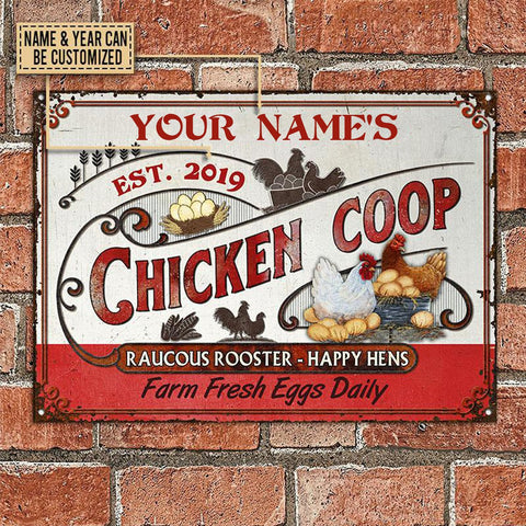 Personalized Chicken Coop Fresh Eggs Daily Red White Custom Classic Metal Signs